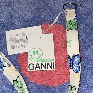 Ganni Cream Canvas Key Strap with Green and Blue Floral Motif